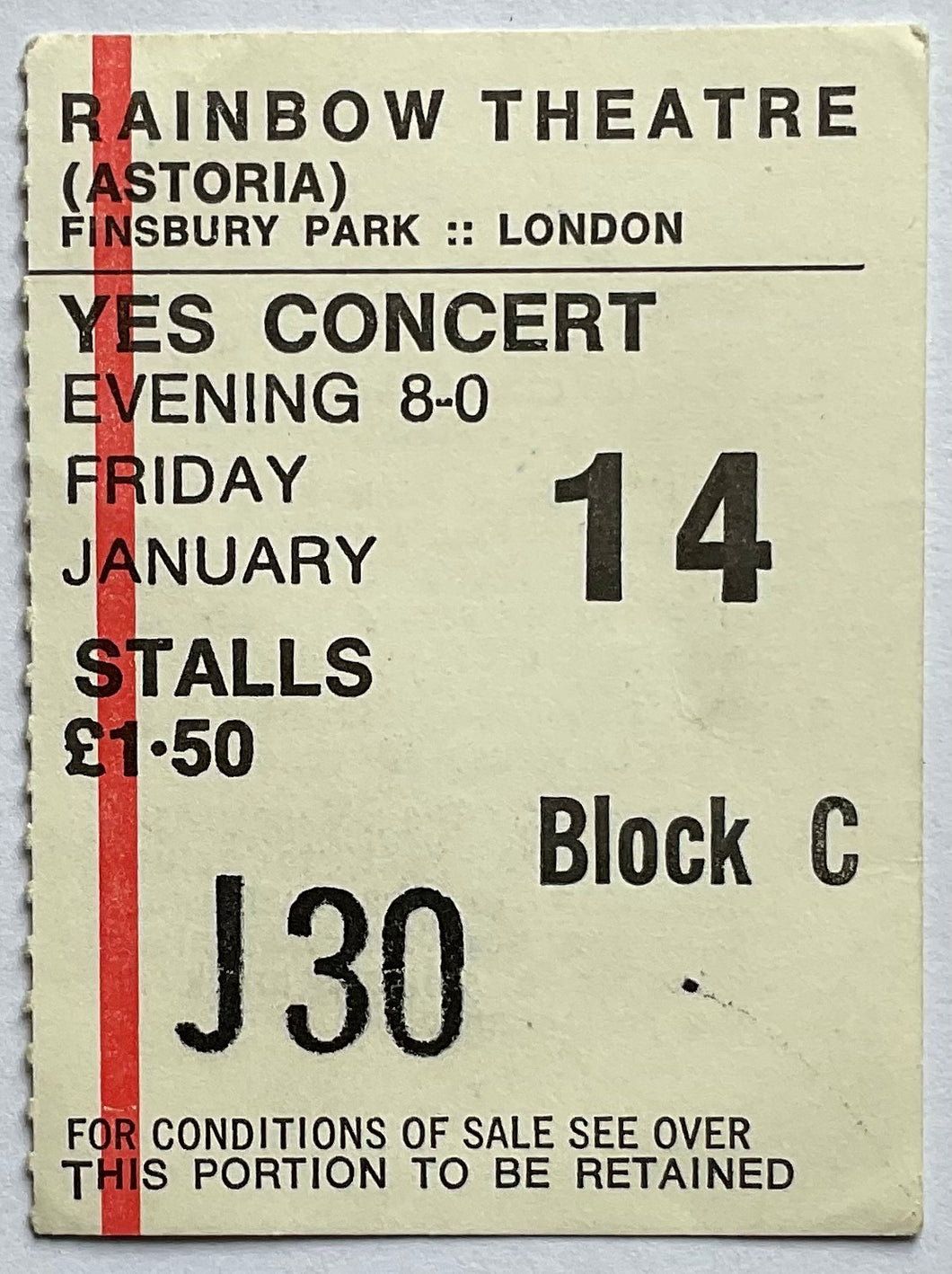 Yes Original Used & Signed Concert Ticket Rainbow Theatre London 14th Jan 1972