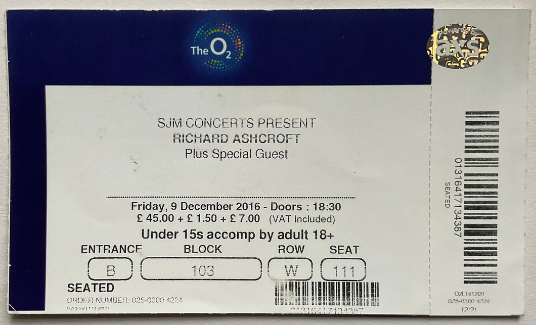 Richard Ashcroft Original Unused Concert Ticket O2 Arena London 9th Dec 2016