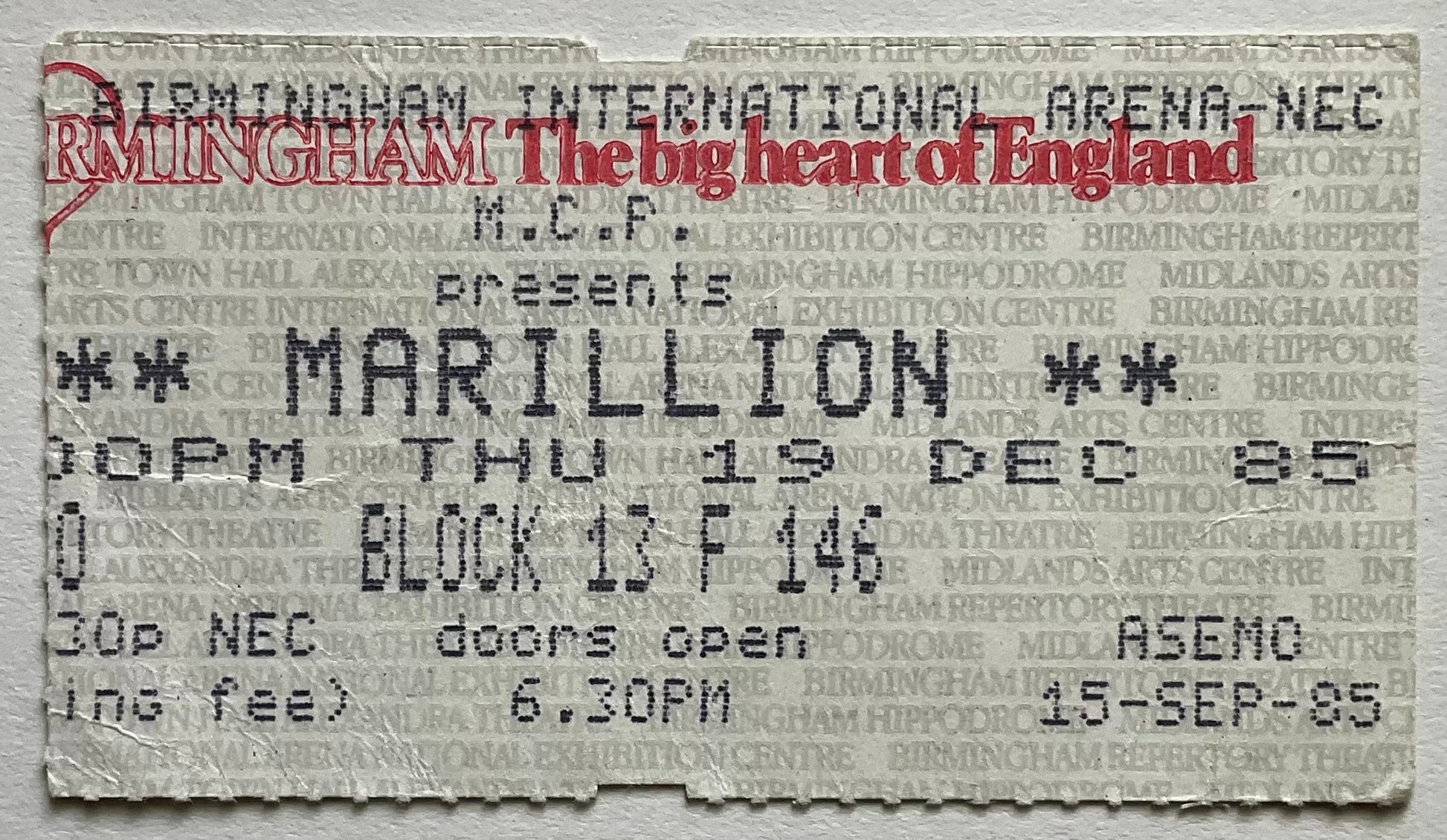 Marillion Original Used Concert Ticket NEC Birmingham 19th Dec 1985