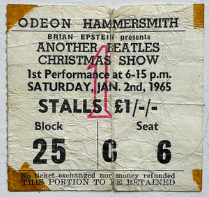 Beatles Original Used Concert Ticket Hammersmith London 2nd Jan 1965