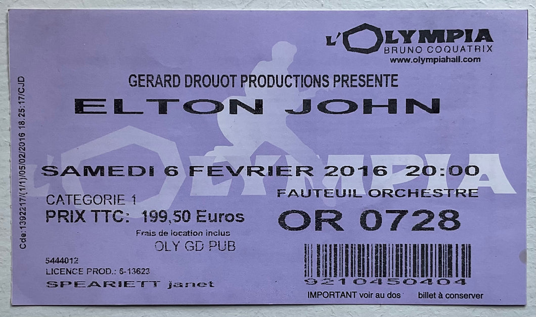 Elton John Original Used Concert Ticket Olympia Bruno Coquatrix Paris 6th Feb 2016