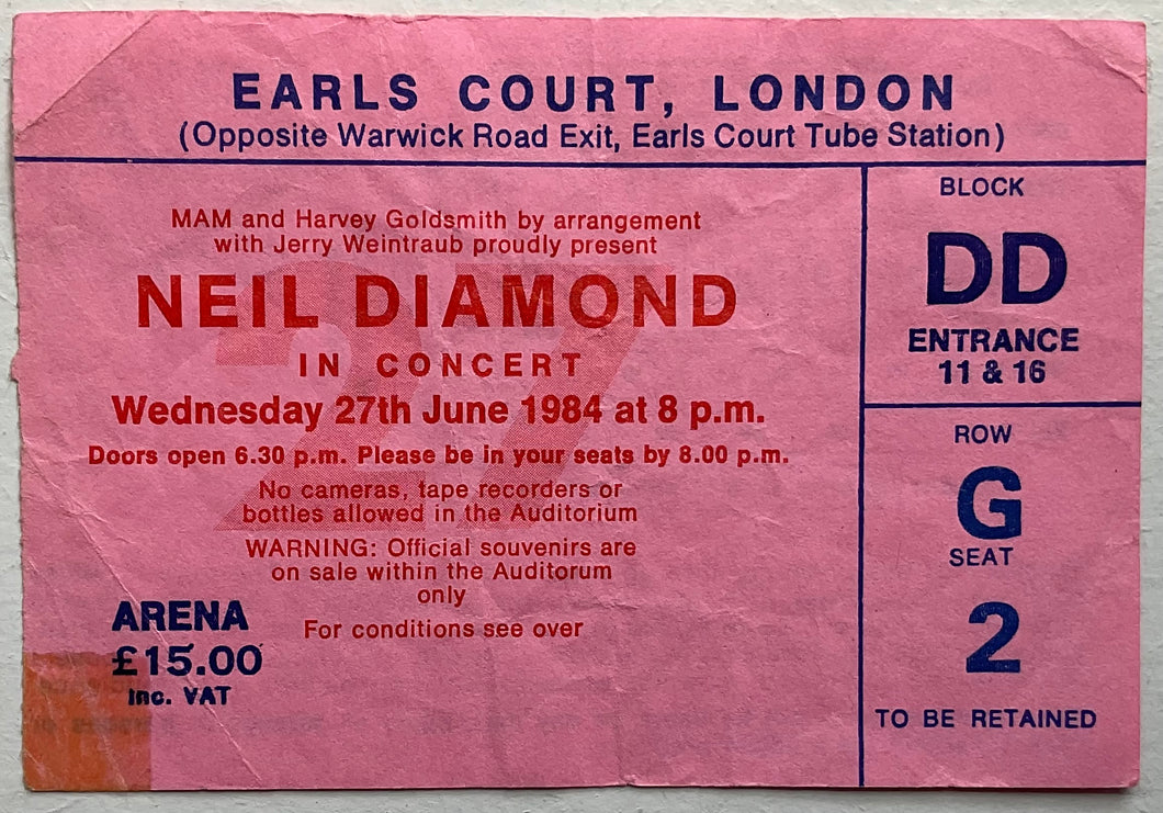 Neil Diamond Original Used Concert Ticket Earls Court London 27th Jun 1984