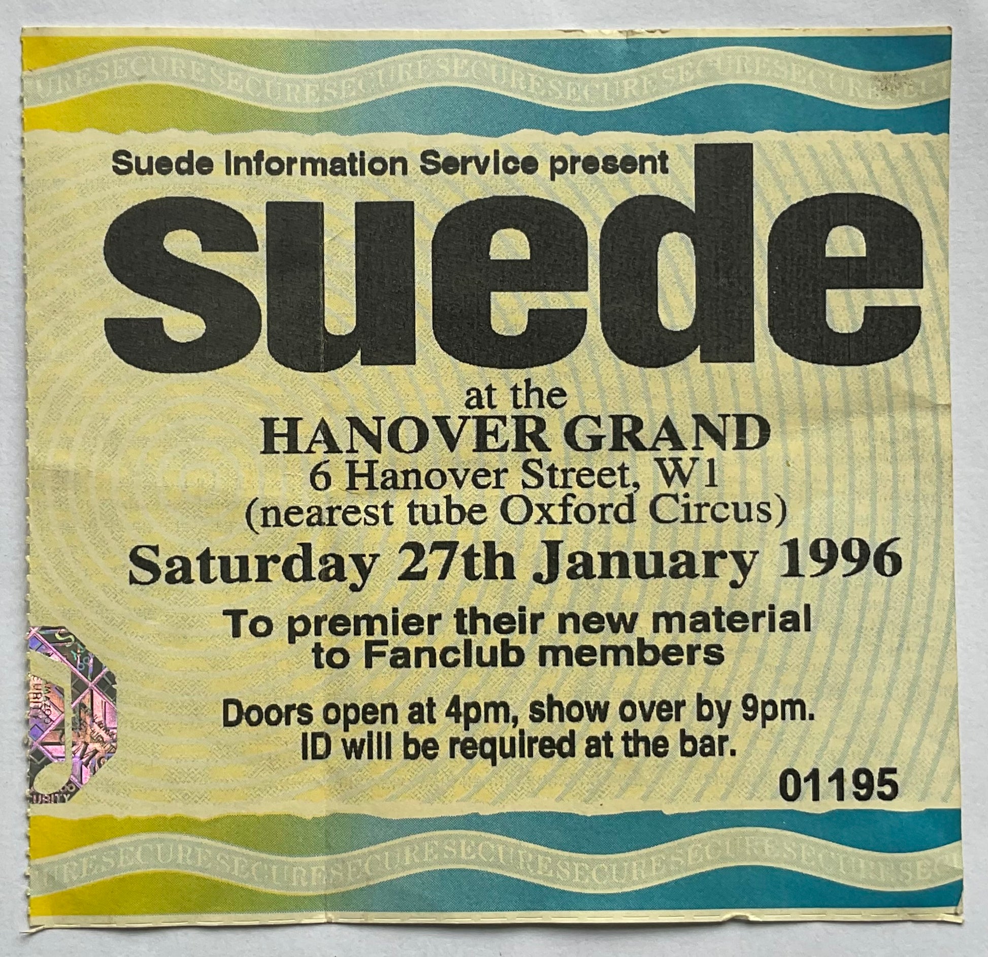 Suede Original Used Concert Ticket Hanover Grand London 27th Jan 1996