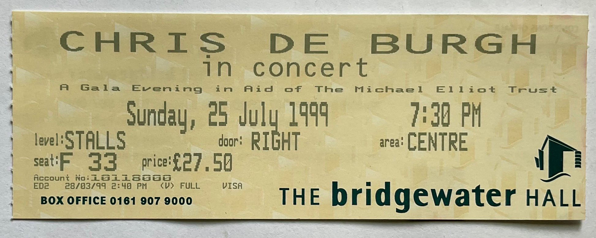 Chris De Burgh Original Used Concert Ticket Bridgewater Hall Manchester 25th Jul 1999
