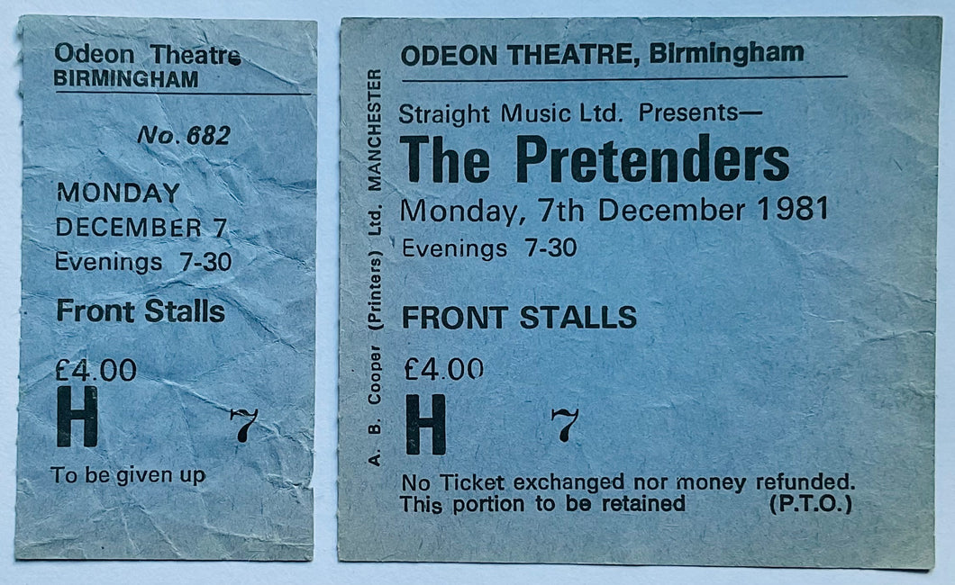 Pretenders Original Unused Concert Ticket Odeon Theatre Birmingham 7th Dec 1981