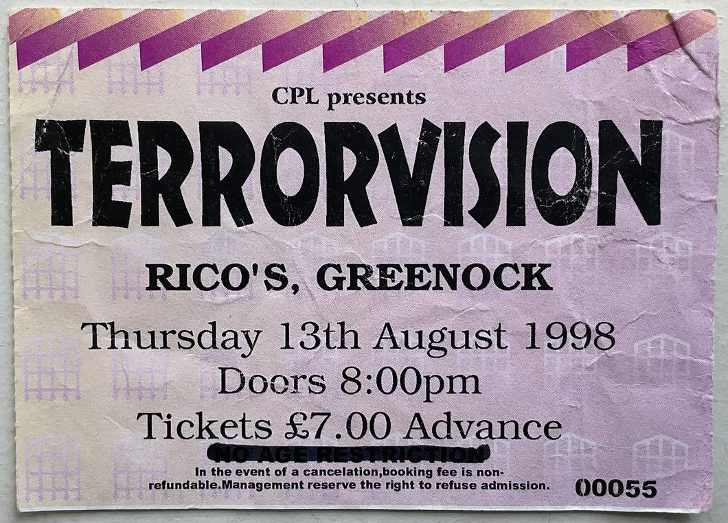 Terrorvision Original Used Concert Ticket Rico’s Greenock 13th Aug 1998