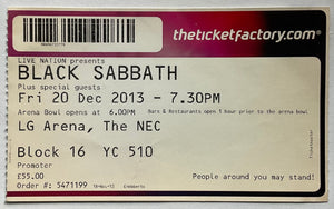 Black Sabbath Original Unused Concert Ticket NEC Arena Birmingham 20th Dec 2013