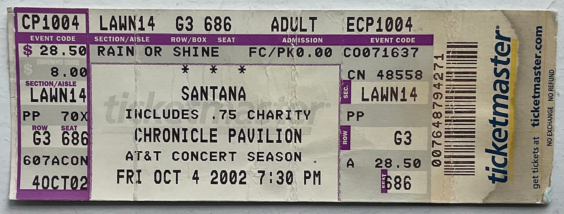Santana Original Unused Concert Ticket Chronicle Pavilion Concord 4th Oct 2002
