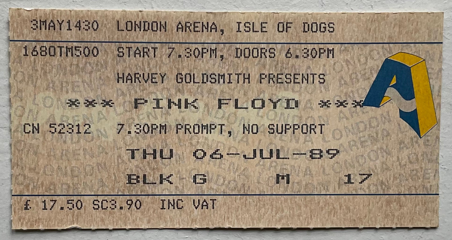 Pink Floyd Original Used Concert Ticket London Arena 6th July 1989