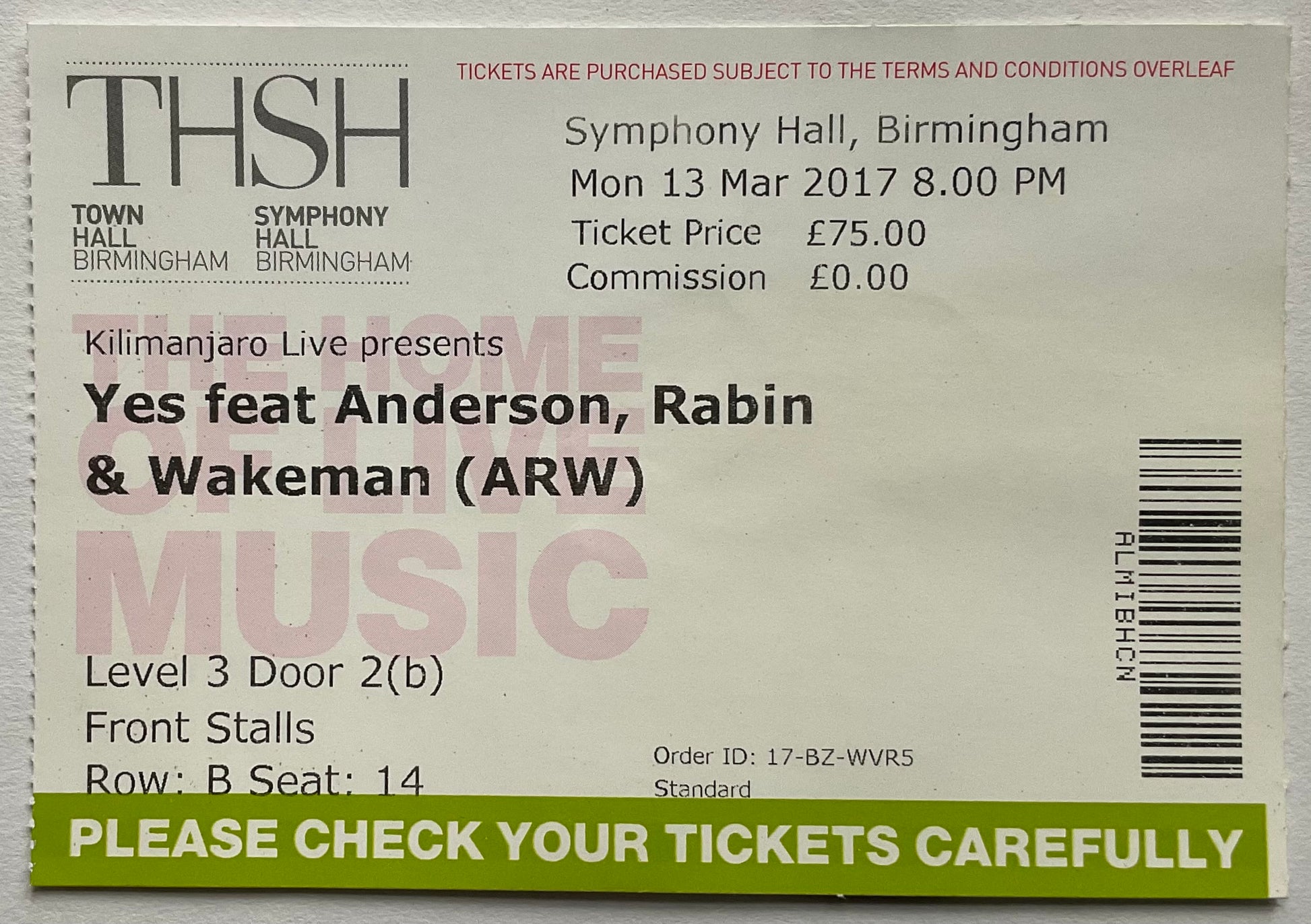 Yes ARW Original Used Concert Ticket Symphony Hall Birmingham 13th Mar 2017