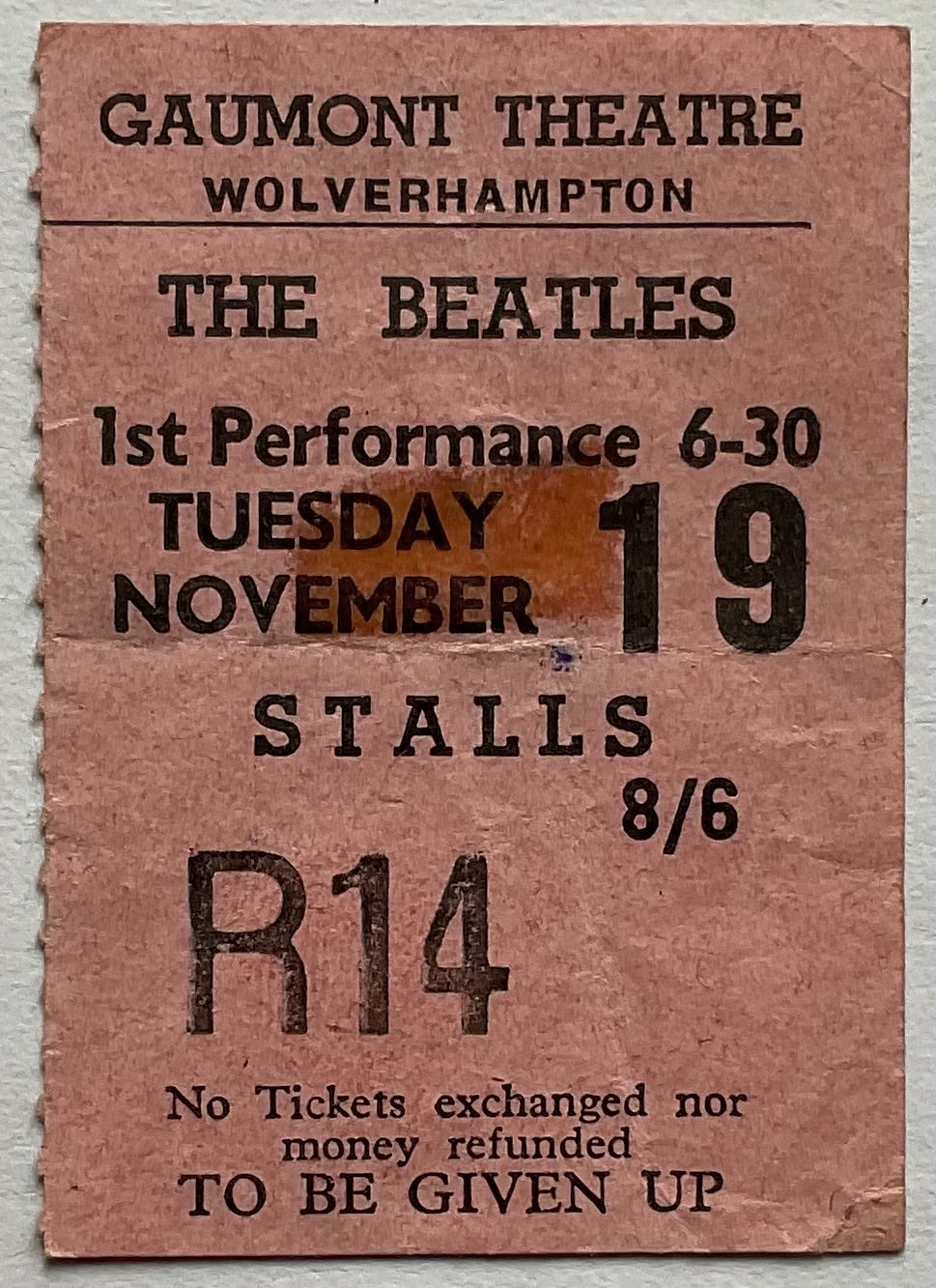 Beatles Original Used Concert Ticket Gaumont Theatre Wolverhampton 19th Nov 1963