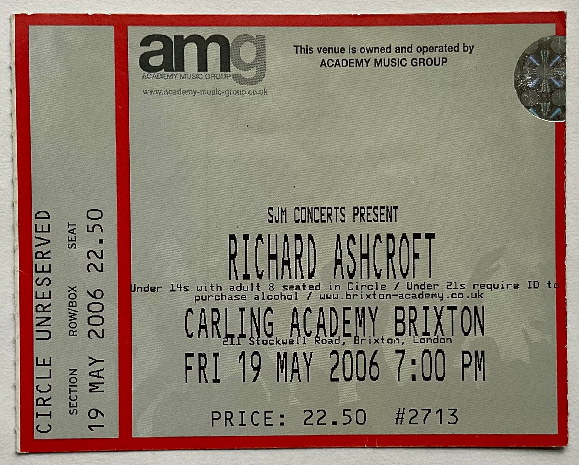 Richard Ashcroft Original Used Concert Ticket Carling Academy Brixton 19th May 2006
