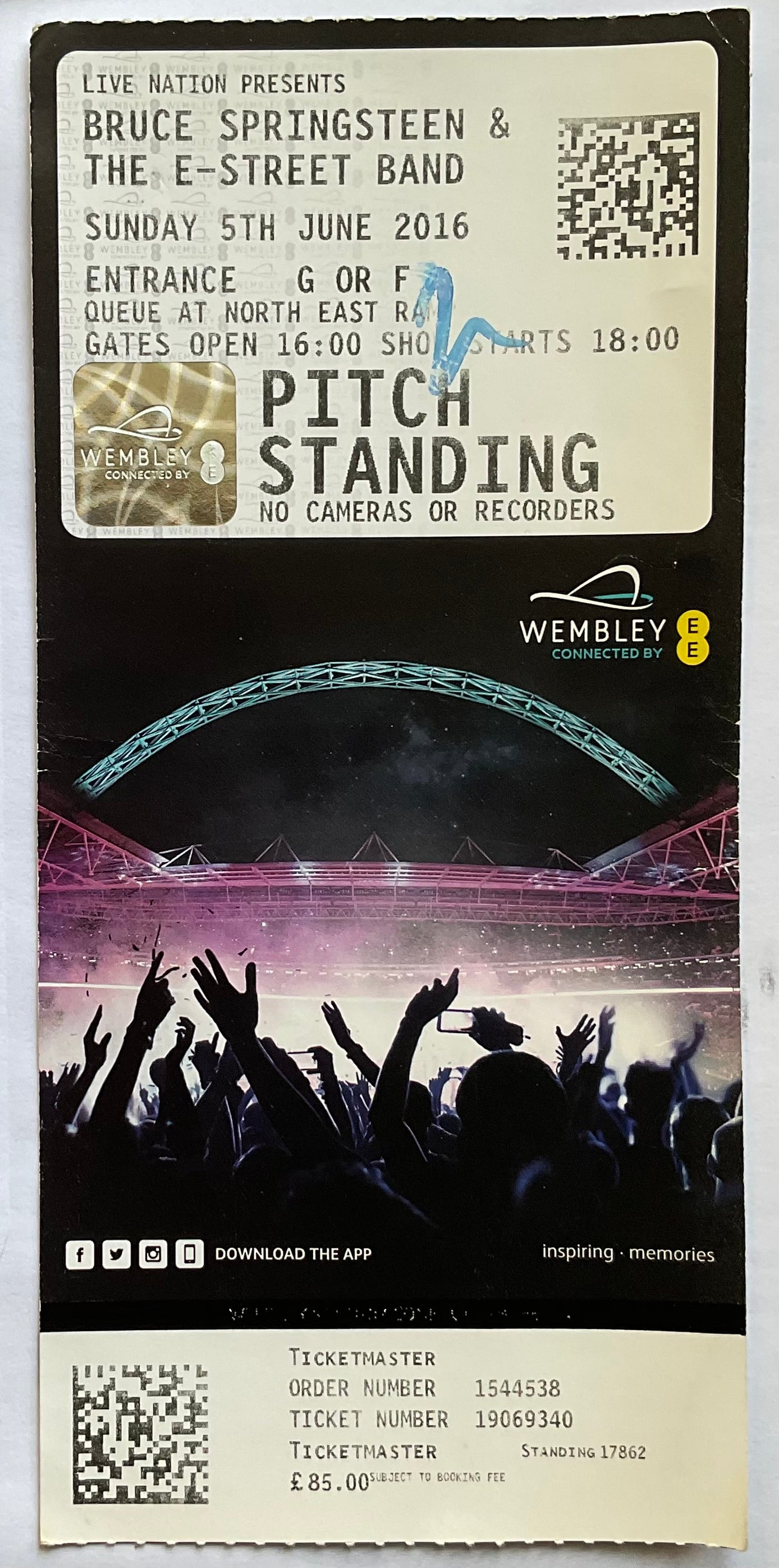 Bruce Springsteen Original Used Concert Ticket Wembley Stadium London 5th June 2016