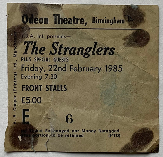 Stranglers Ticket Odeon Theatre Birmingham 22nd Feb 1985