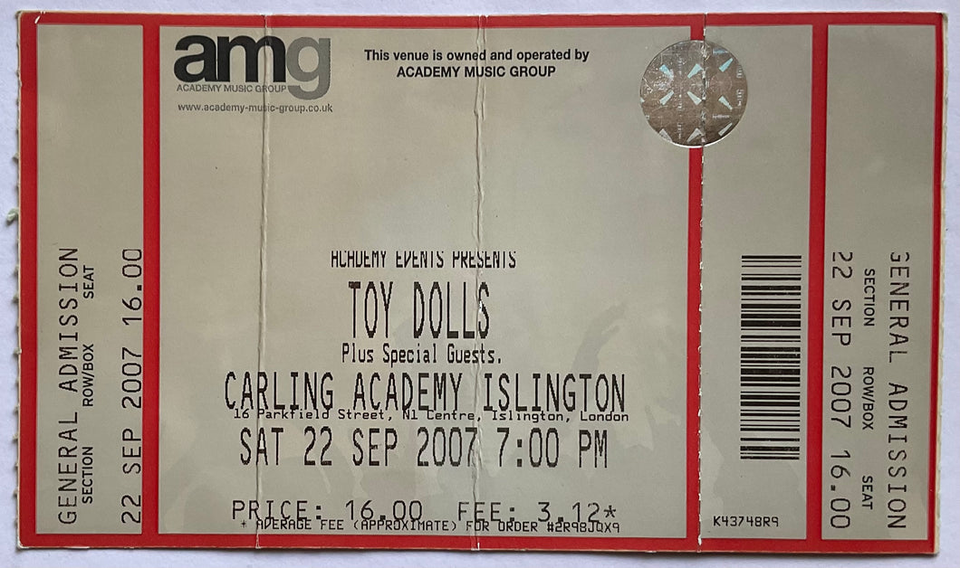 Toy Dolls Original Unused Concert Ticket Carling Academy London 22nd Sep 2007