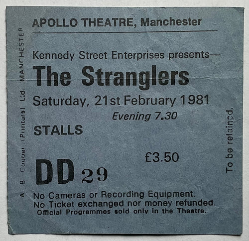 Stranglers Original Used Concert Ticket Apollo Theatre Manchester 21st Feb 1981