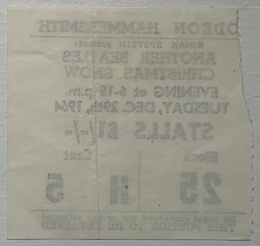 Beatles Original Used Concert Ticket Hammersmith Odeon London 29 Dec 1964
