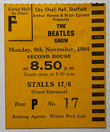 Beatles Original Used Concert Ticket City Hall Sheffield 9th Nov 1964