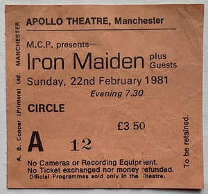 Iron Maiden Original Used Ticket Apollo Theatre Manchester 22nd Feb 1981