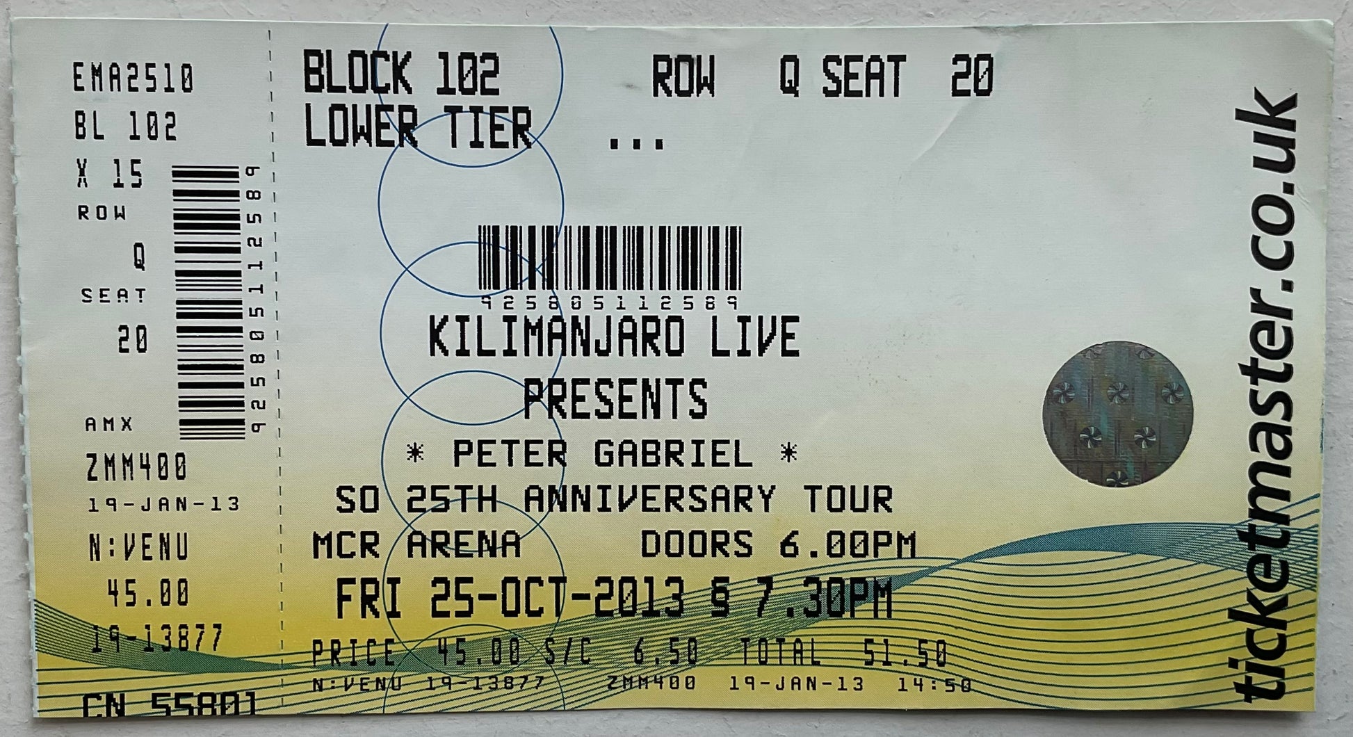 Peter Gabriel Original Unused Concert Ticket Manchester Arena 25th Oct 2013