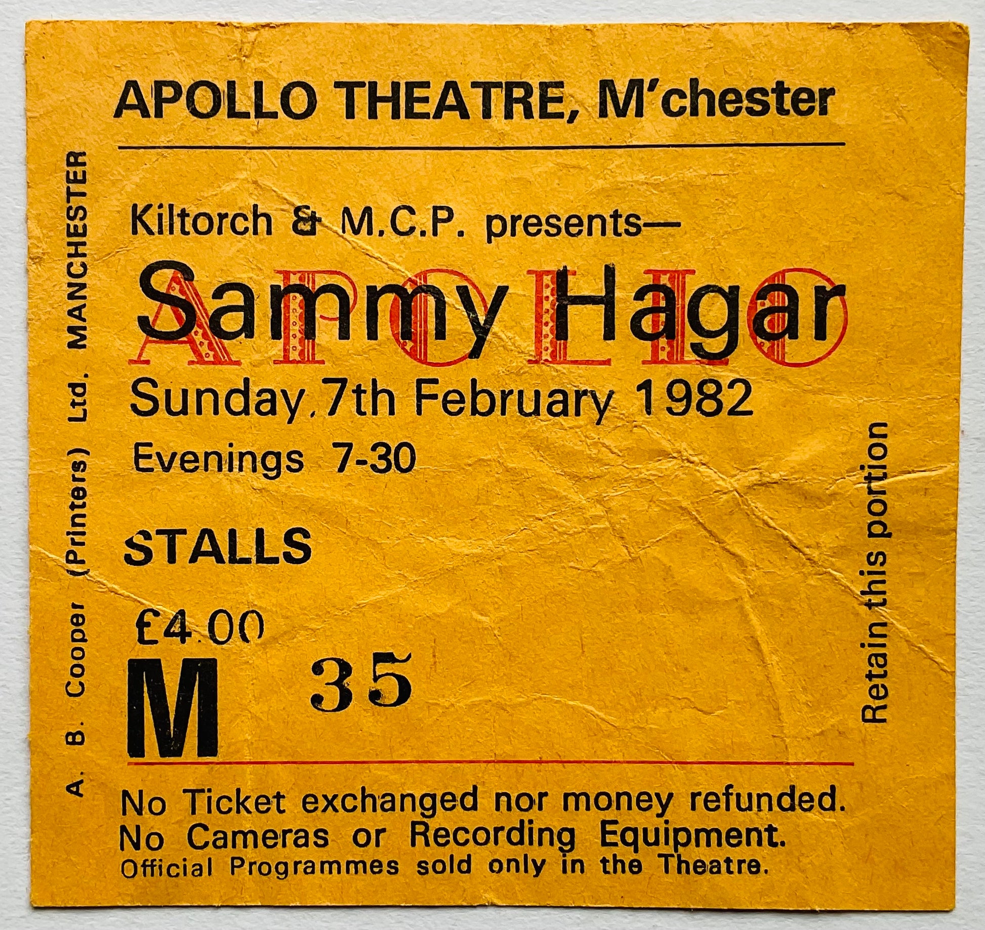 Sammy Hagar Original Used Concert Ticket Apollo Theatre Manchester 7th Feb 1982