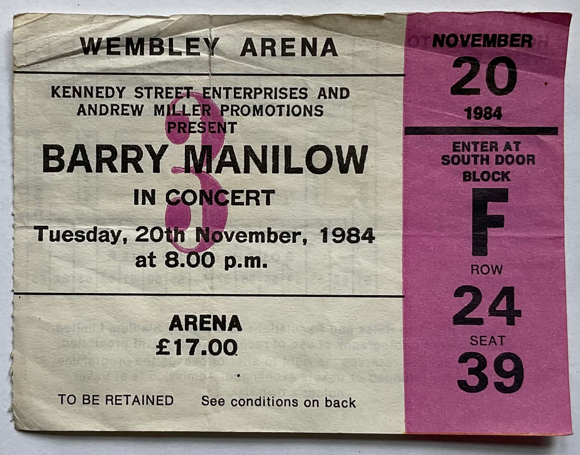 Barry Manilow Original Used Concert Ticket Wembley Arena London 20th Nov 1984