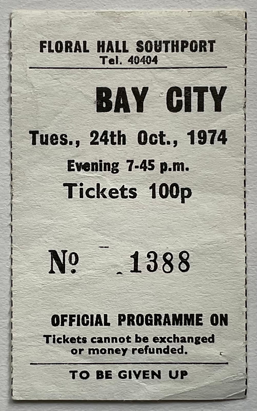 Bay City Rollers Original Used Concert Ticket Floral Hall Southport 24th Oct 1974