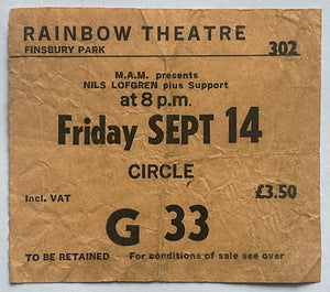 Nils Lofgren Original Used Concert Ticket Rainbow Theatre London 14th Sep 1979