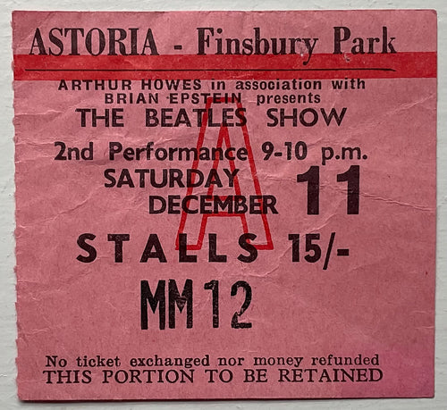 Beatles Original Used Concert Ticket Astoria Finsbury Park London 11th Dec 1965