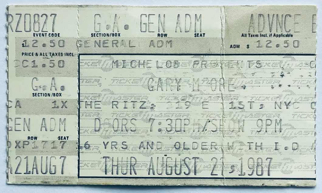 Gary Moore Original Used Concert Ticket The Ritz New York 27th Aug 1987