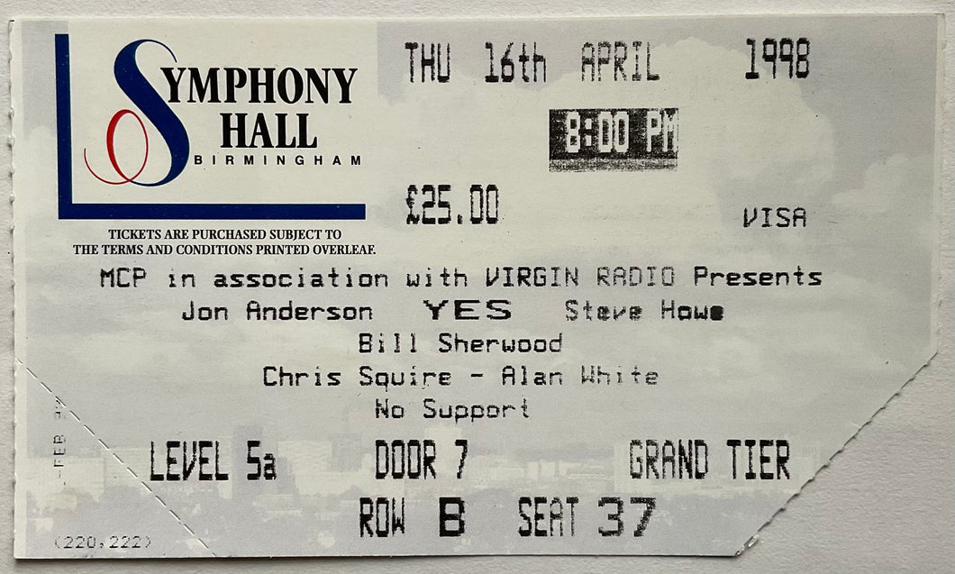 Yes Original Used Concert Ticket Symphony Hall Birmingham 16th Apr 1998