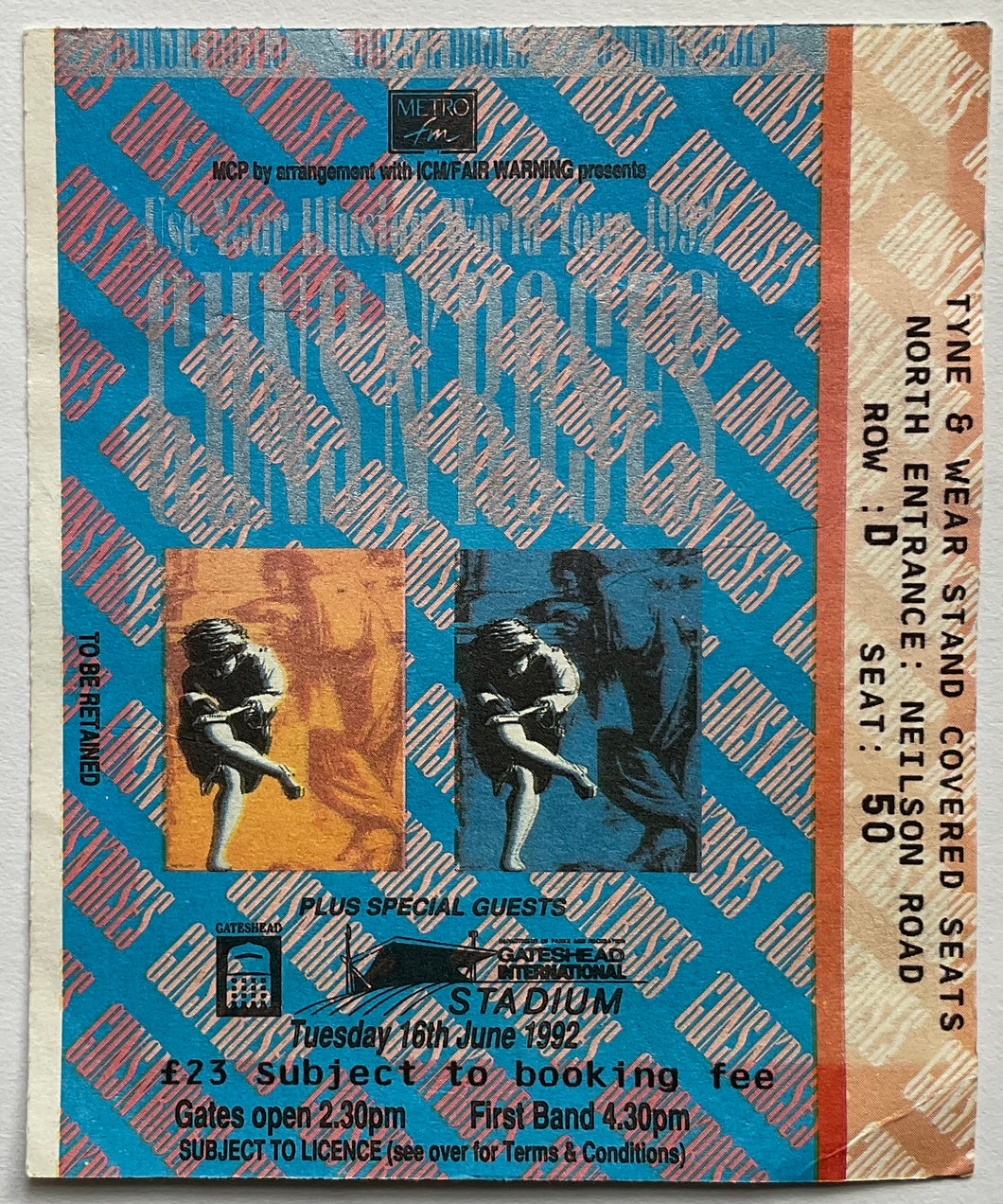Guns N' Roses Original Used Concert Ticket Gateshead Stadium 16th Jun 1992