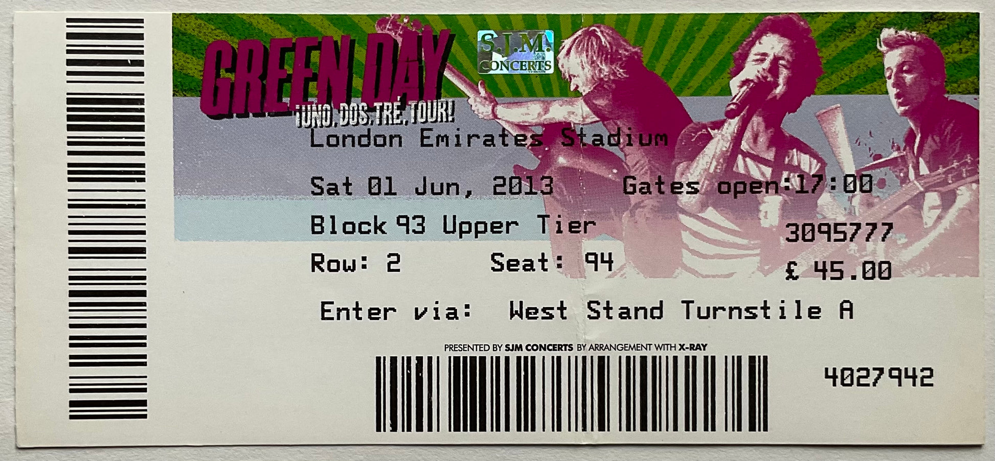 Green Day Original Used Concert Ticket Emirates Stadium London 1st Jun 2013