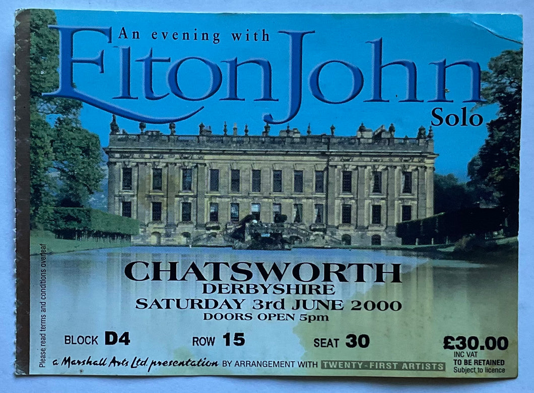 Elton John Original Used Concert Ticket Chatsworth House Derbyshire 3rd Jun 2000