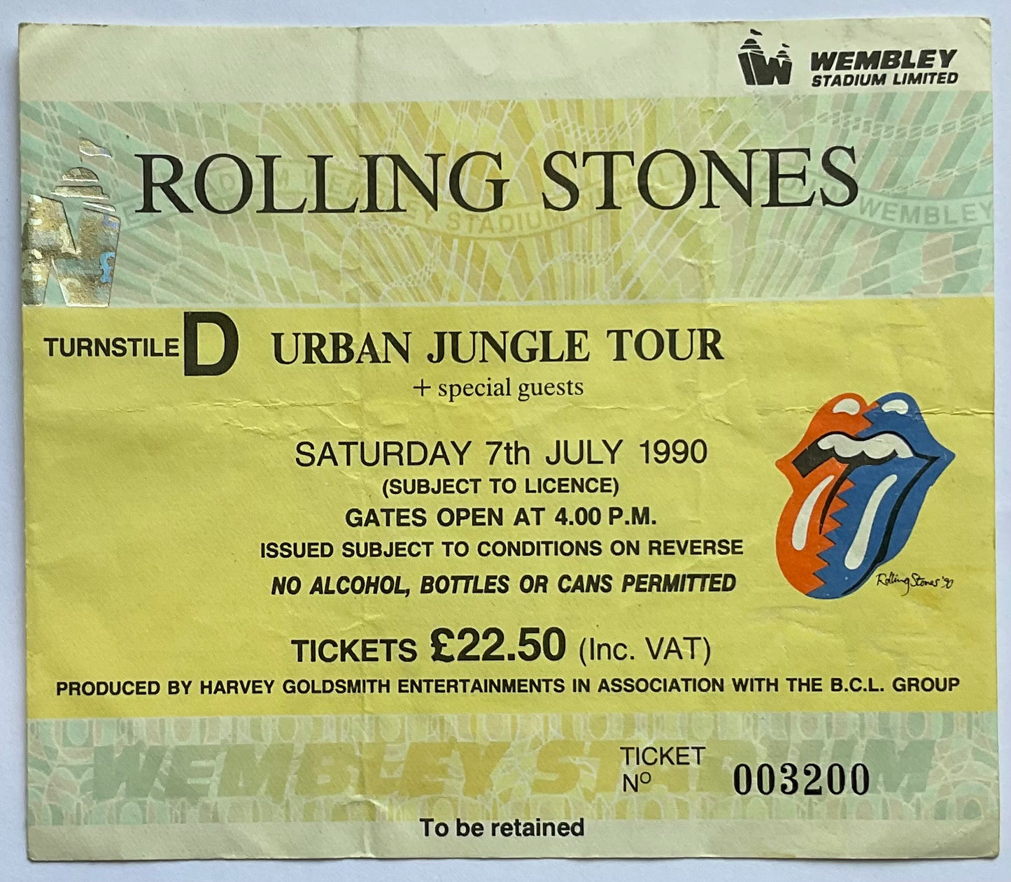 Rolling Stones Original Used Concert Ticket Wembley Stadium London 7th July 1990