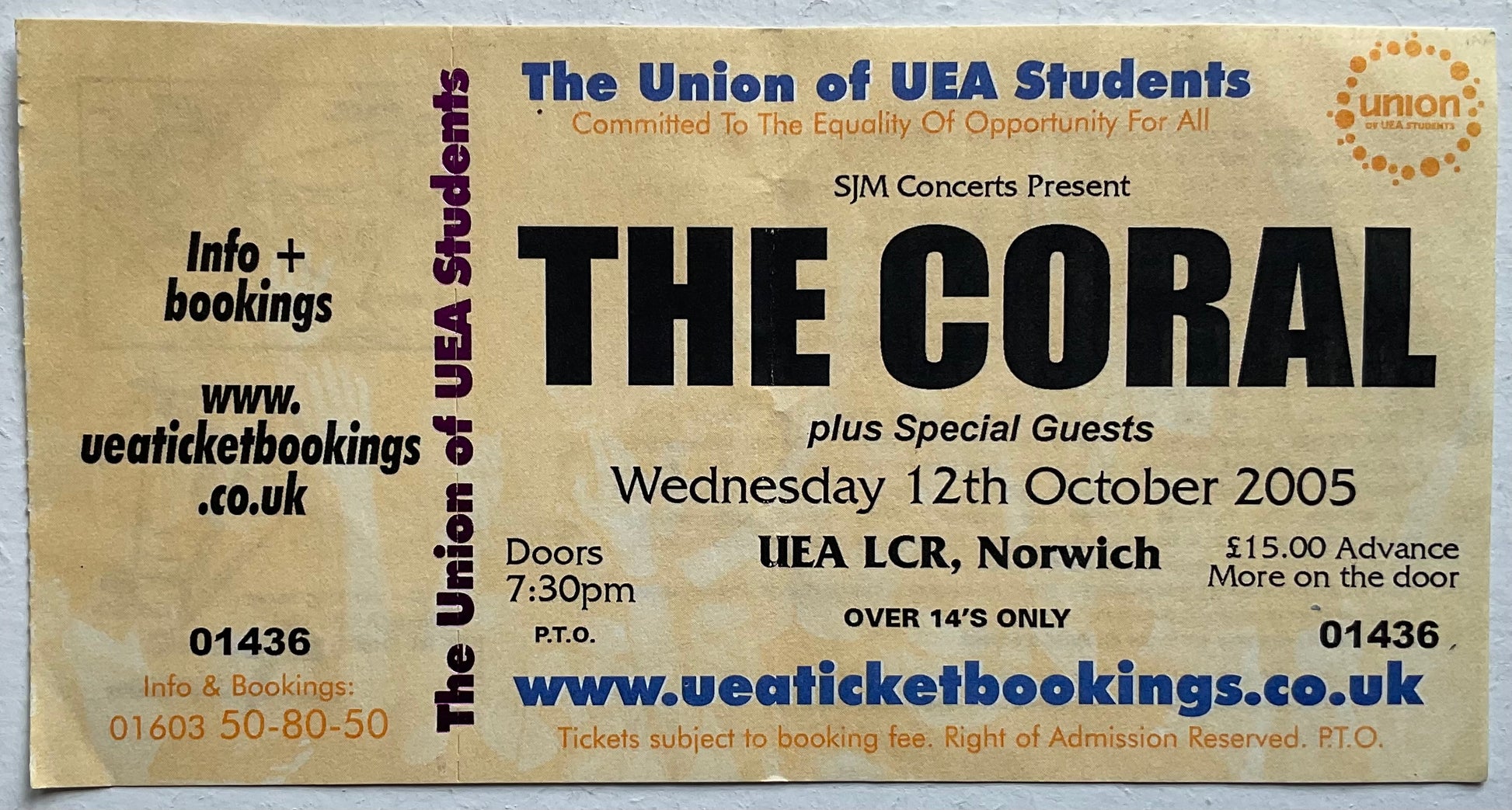 Coral Original Unused Concert Ticket UEA Norwich 12th Oct 2005