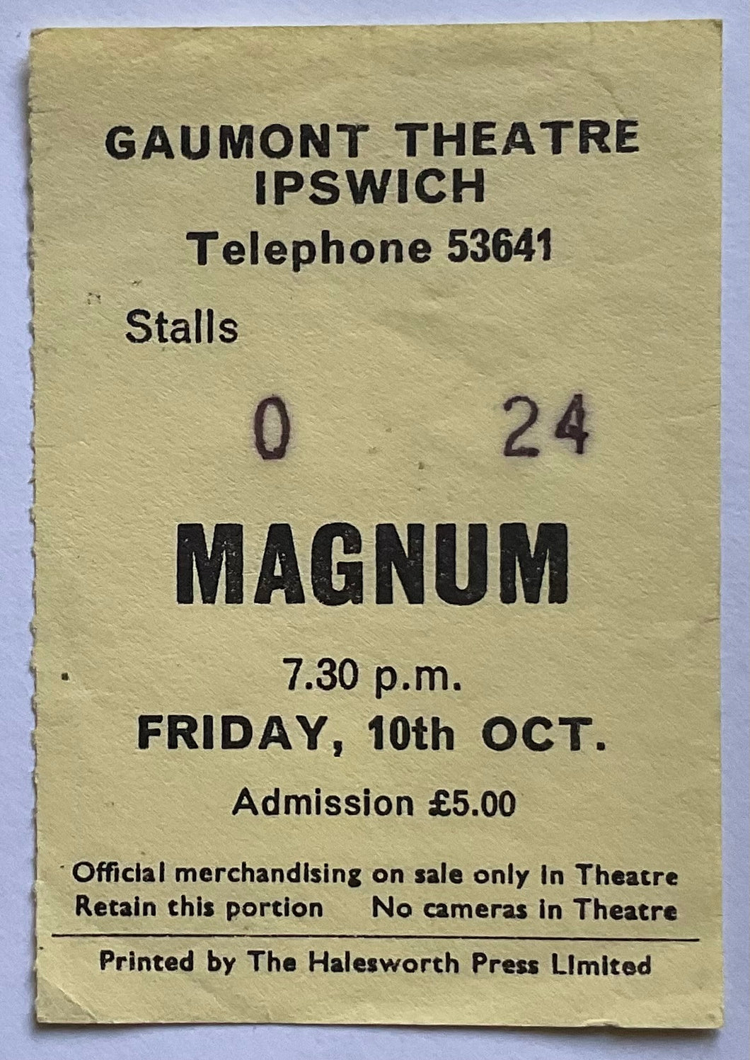 Magnum Original Used Concert Ticket Gaumont Theatre Ipswich 10th Oct 1986