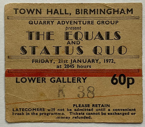 Status Quo Equals Original Used Concert TicketTown Hall Birmingham 21st Jan 1972