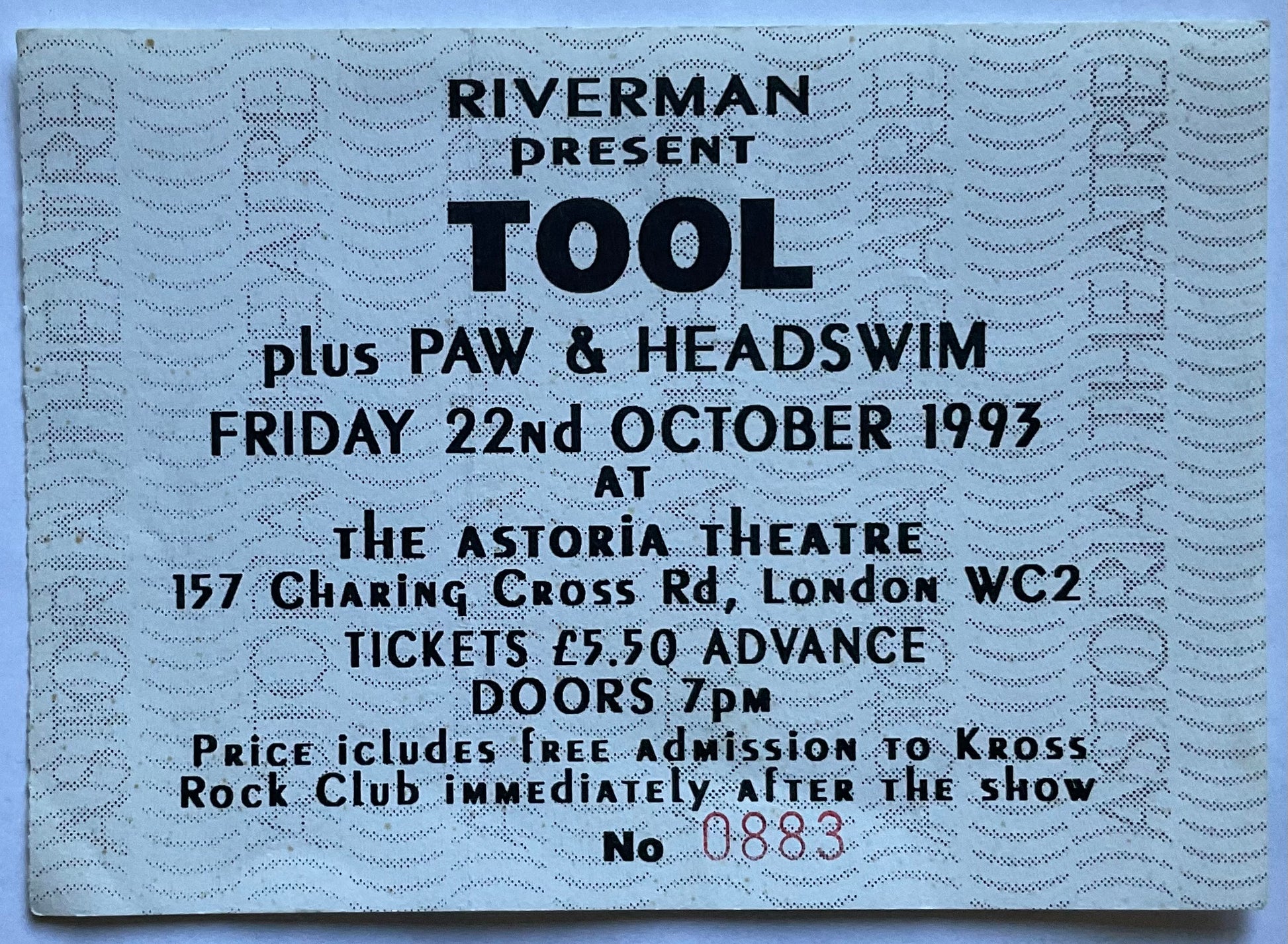 Tool Original Used Concert Ticket London Astoria 22nd Oct 1993