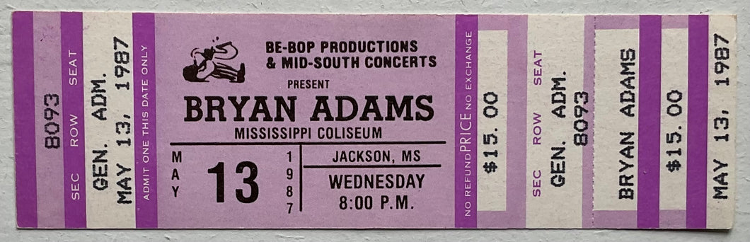 Bryan Adams Original Unused Concert Ticket Mississippi Coliseum 13th May 1987
