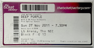 Deep Purple Original Unused Concert Ticket NEC Arena Birmingham 27th Nov 2011