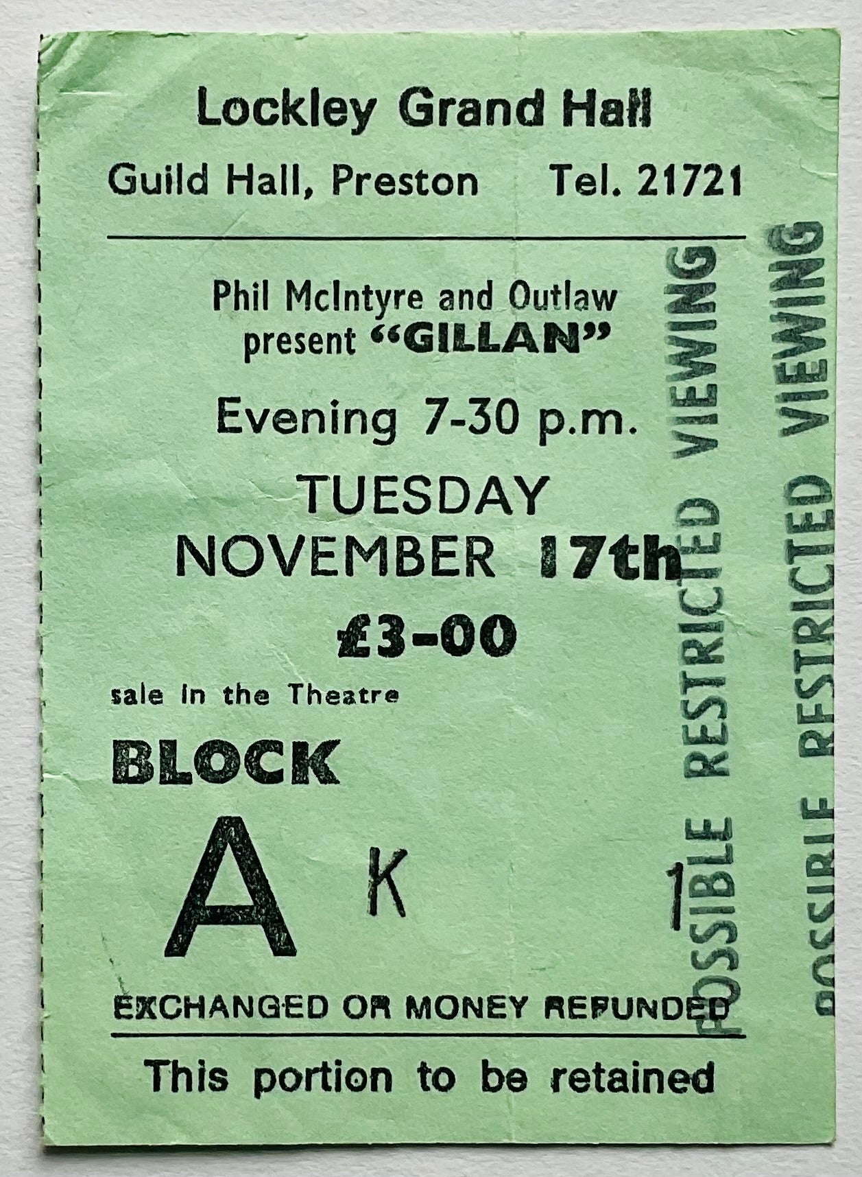 Ian Gillan Original Used Ticket Lockley Grand Hall Preston 17th Nov 1981