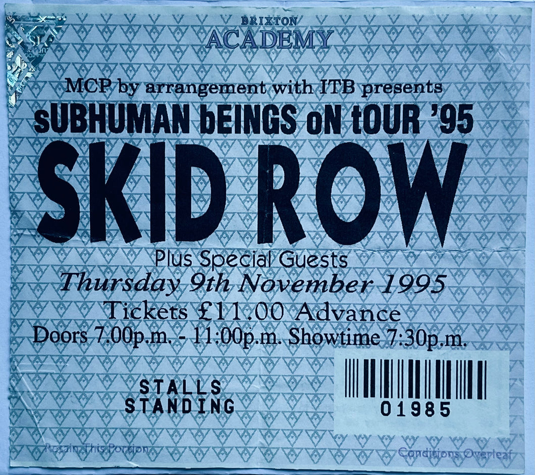 Skid Row Original Used Concert Ticket Brixton Academy London 9th Nov 1995