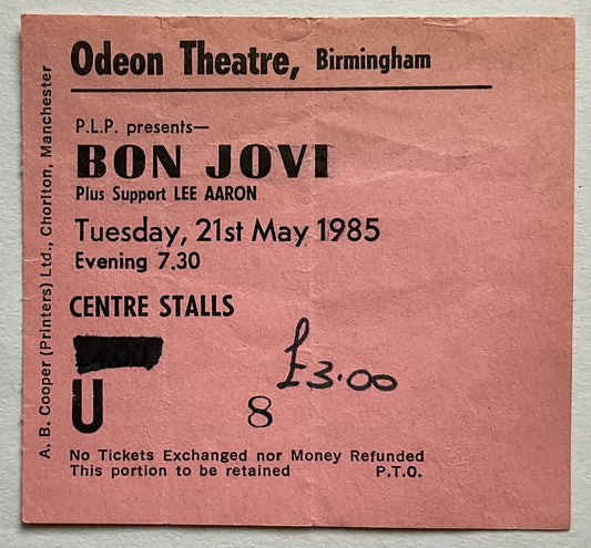 Bon Jovi Original Used Concert Ticket Odeon Theatre Birmingham 21st May 1985