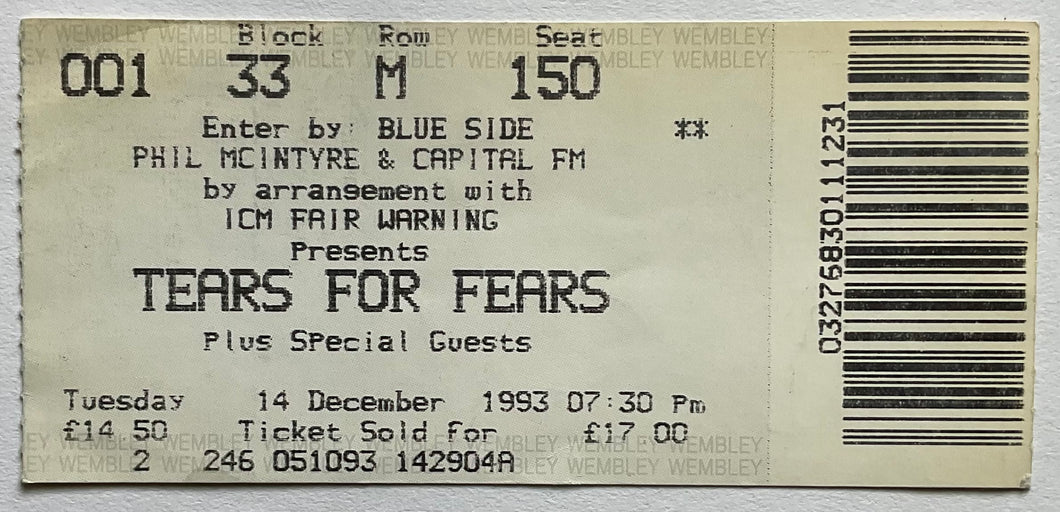 Tears For Fears Original Used Concert Ticket Wembley Arena London 14th Dec Mar 1993