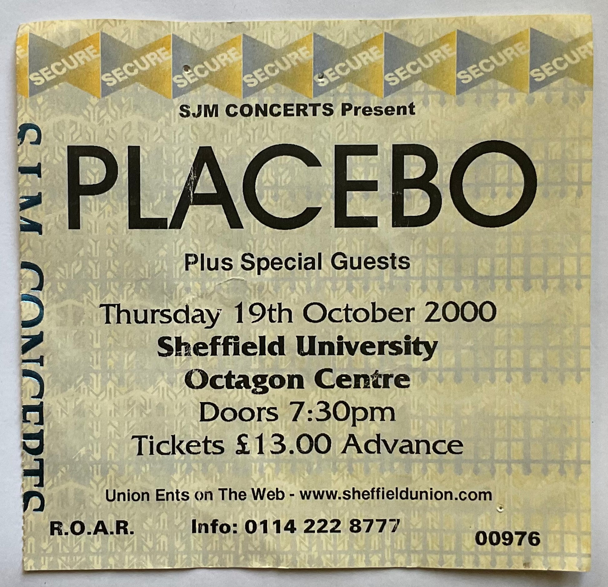 Placebo Original Used Concert Ticket Octagon Centre Sheffield 19th Oct 2000