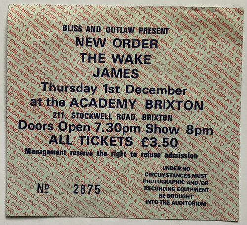 Joy Division New Order Original Used Concert Ticket Brixton Academy London 1st Dec 1983
