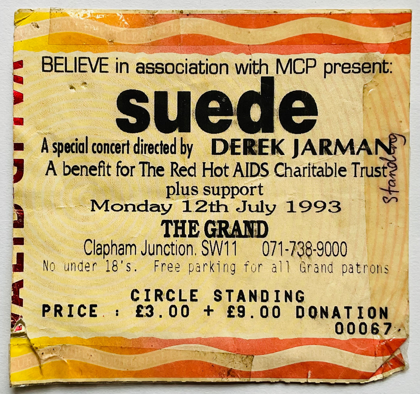 Suede Original Used Concert Ticket The Grand Clapham Junction London 12th Jul 1993