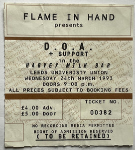 D.O.A. DOA Original Used Concert Ticket Leeds University 24th Mar 1993