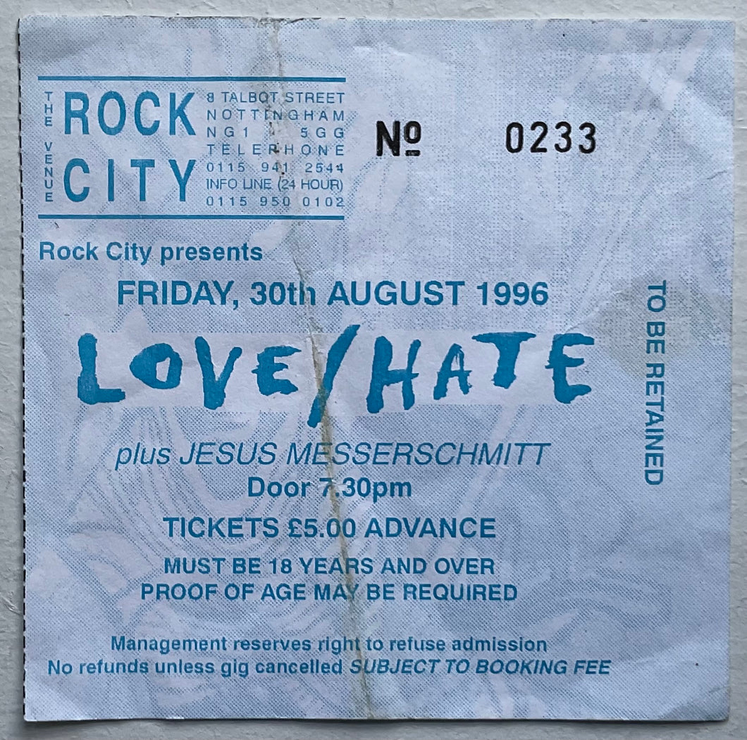 Love/Hate Original Used Concert Ticket Rock City Nottingham 30th Aug 1996